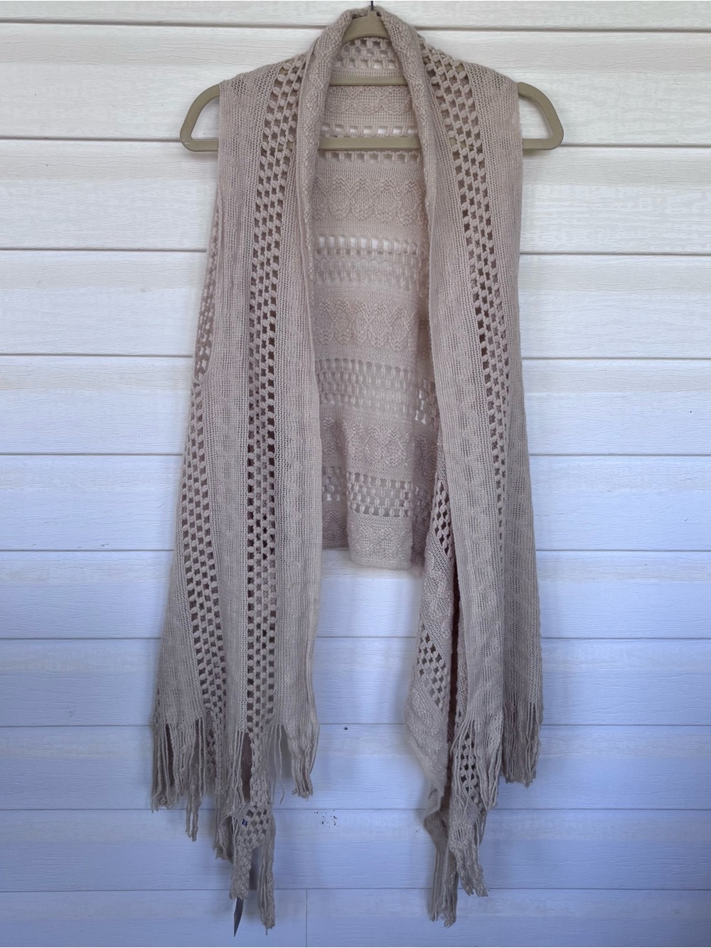 NWT Tickled Pink Cream Crochet Open Knit Fringe Boho Vest Cardigan